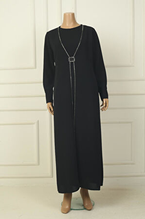 Kadın Kol Ucu Fermuarlı Beli Tokalı Taş Detaylı Büyük Beden Uzun Krep Elbise