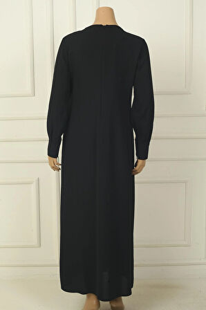 Kadın Kol Ucu Fermuarlı Beli Tokalı Taş Detaylı Büyük Beden Uzun Krep Elbise