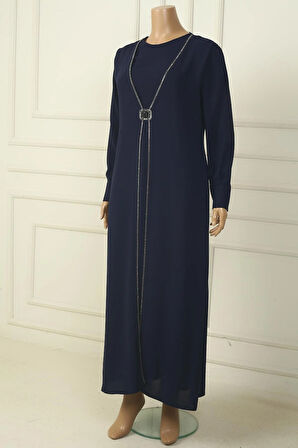 Kadın Kol Ucu Fermuarlı Beli Tokalı Taş Detaylı Büyük Beden Uzun Krep Elbise