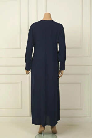 Kadın Kol Ucu Fermuarlı Beli Tokalı Taş Detaylı Büyük Beden Uzun Krep Elbise