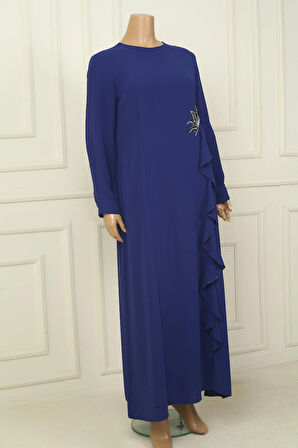 Kadın Çiçek Taş İşlemeli Volanlı Büyük Beden Uzun Krep ELbise