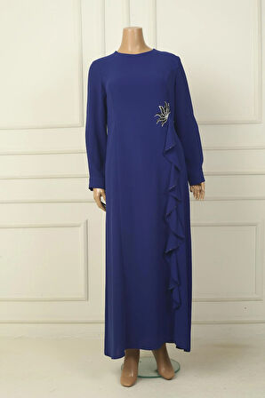 Kadın Çiçek Taş İşlemeli Volanlı Büyük Beden Uzun Krep ELbise