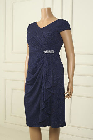 Kadın Ön Arka V Yaka Tırnak Kollu Astarlı Yanı Taş Detaylı Mendilli B.B Simli Kısa Elbise