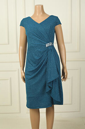 Kadın Ön Arka V Yaka Tırnak Kollu Astarlı Yanı Taş Detaylı Mendilli B.B Simli Kısa Elbise