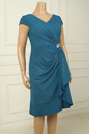 Kadın Ön Arka V Yaka Tırnak Kollu Astarlı Yanı Taş Detaylı Mendilli B.B Simli Kısa Elbise