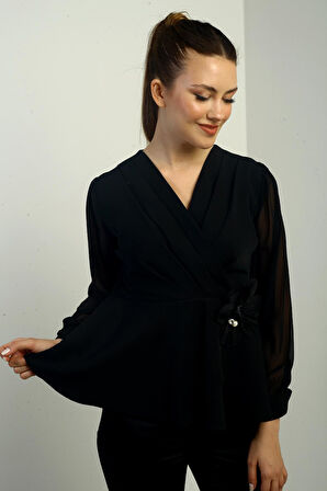 Kadın Kruvaze Yaka Şifon Kollu Çiçek Detaylı Likralı Bluz