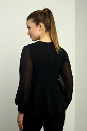 Kadın Kruvaze Yaka Şifon Kollu Çiçek Detaylı Likralı Bluz