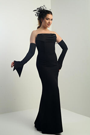 Kadın Straplez Takma Kollu Telalı Astarlı Krep Uzun Abiye Elbise