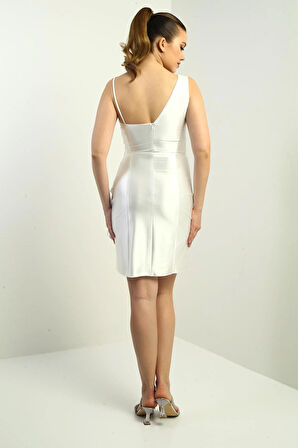 KadınTek Omuzlu Drapeli Bel Taş Detaylı Volanlı Astarlı Kısa Örme Saten Elbise