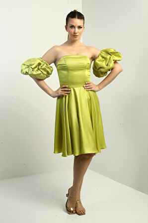 Kadın Straplez Karpuz Takma Kollu Astarlı Kısa Kloş Krep Saten Elbise