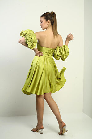 Kadın Straplez Karpuz Takma Kollu Astarlı Kısa Kloş Krep Saten Elbise