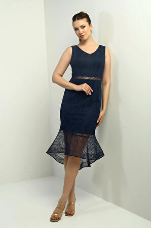 Kadın V Yaka Astarlı Eteği Volanlı Midi Dantel Elbise