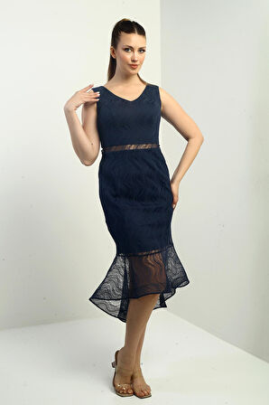 Kadın V Yaka Astarlı Eteği Volanlı Midi Dantel Elbise