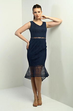 Kadın V Yaka Astarlı Eteği Volanlı Midi Dantel Elbise