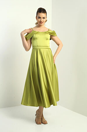 Kadın İp Askılı Düşük Kollu Astarlı Pileli Saten Kloş Uzun Elbise