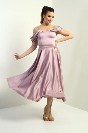 Kadın İp Askılı Düşük Kollu Astarlı Pileli Saten Kloş Uzun Elbise