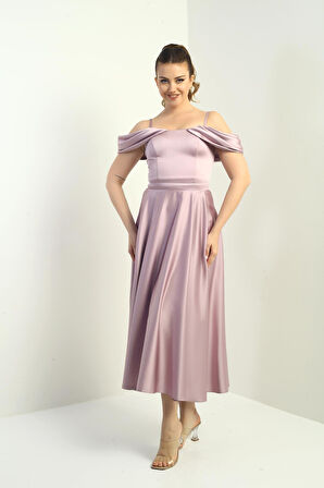 Kadın İp Askılı Düşük Kollu Astarlı Pileli Saten Kloş Uzun Elbise