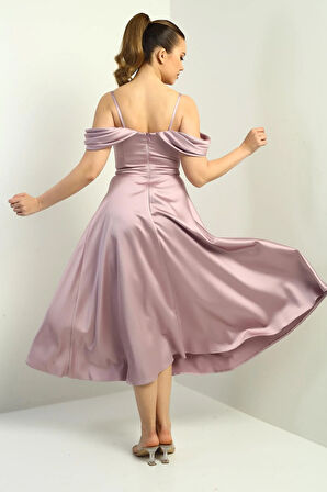 Kadın İp Askılı Düşük Kollu Astarlı Pileli Saten Kloş Uzun Elbise