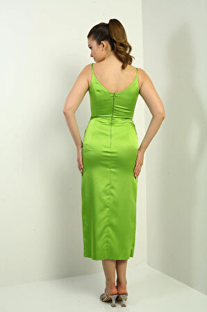 Kadın İp Askılı Kruvaze Yaka Astarlı Drapeli Saten Elbise