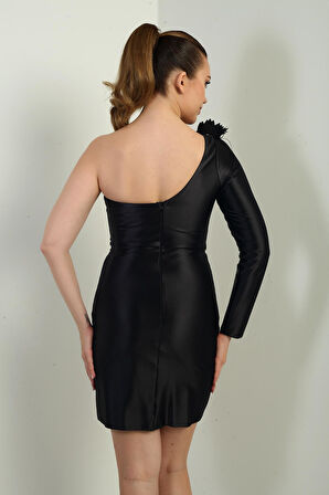 Kadın Tek Kollu Çiçek Detaylı Astarlı Kısa Saten Elbise