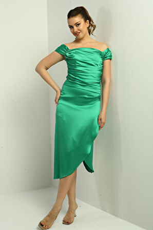 Kadın Madonna Yaka Drapeli Asimetrik Saten Kısa Elbise