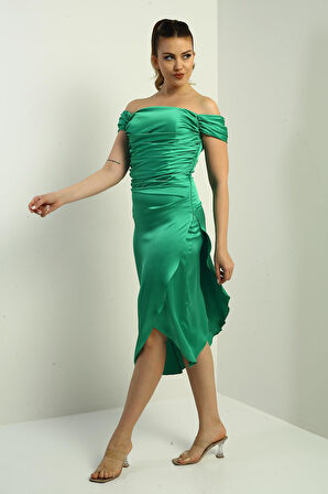 Kadın Madonna Yaka Drapeli Asimetrik Saten Kısa Elbise