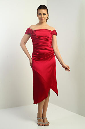 Kadın Madonna Yaka Drapeli Asimetrik Saten Kısa Elbise