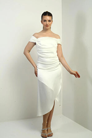 Kadın Madonna Yaka Drapeli Asimetrik Saten Kısa Elbise