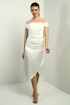 Kadın Madonna Yaka Drapeli Asimetrik Saten Kısa Elbise