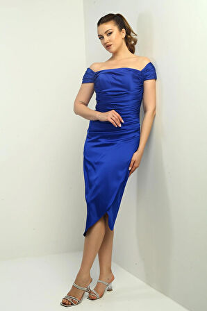 Kadın Madonna Yaka Drapeli Asimetrik Saten Kısa Elbise