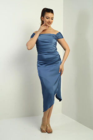 Kadın Madonna Yaka Drapeli Asimetrik Saten Kısa Elbise