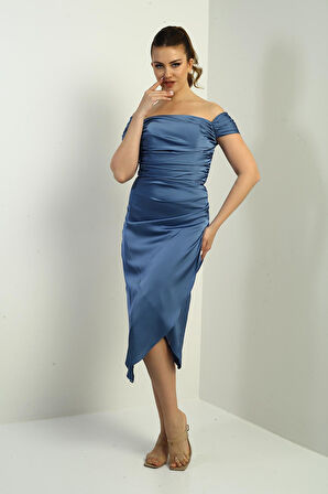 Kadın Madonna Yaka Drapeli Asimetrik Saten Kısa Elbise