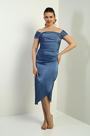 Kadın Madonna Yaka Drapeli Asimetrik Saten Kısa Elbise