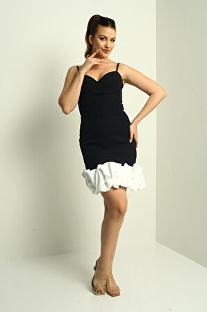 Kadın İp Askılı Astarlı Etek Saten Drapeli Kısa Krep Elbise