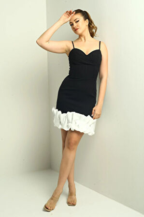 Kadın İp Askılı Astarlı Etek Saten Drapeli Kısa Krep Elbise