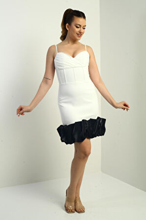 Kadın İp Askılı Astarlı Etek Saten Drapeli Kısa Krep Elbise