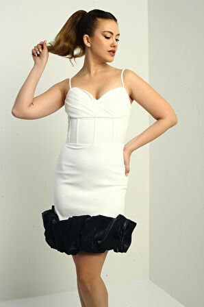 Kadın İp Askılı Astarlı Etek Saten Drapeli Kısa Krep Elbise