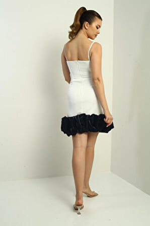 Kadın İp Askılı Astarlı Etek Saten Drapeli Kısa Krep Elbise