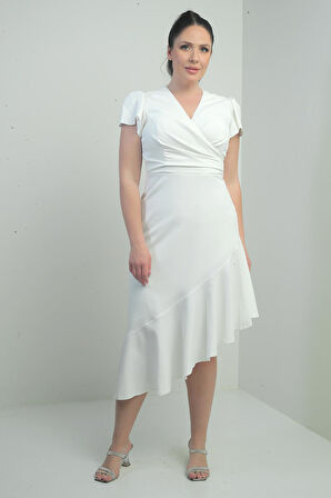 Kadın Kruvaze Yaka Önü Drapeli Astarlı Eteği Volanlı Büyük Beden Krep Elbise