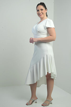 Kadın Kruvaze Yaka Önü Drapeli Astarlı Eteği Volanlı Büyük Beden Krep Elbise