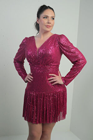 Kadın Ön Arka V Yaka Astarlı Drapeli Uzun Kollu Büyük Beden Pulpayet Elbise