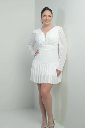 Kadın Ön Arka V Yaka Astarlı Drapeli Uzun Kollu Büyük Beden Pulpayet Elbise