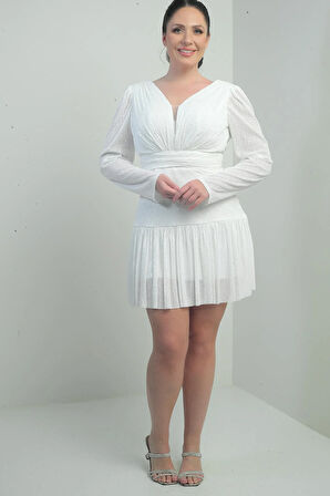 Kadın Ön Arka V Yaka Astarlı Drapeli Uzun Kollu Büyük Beden Pulpayet Elbise