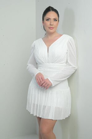 Kadın Ön Arka V Yaka Astarlı Drapeli Uzun Kollu Büyük Beden Pulpayet Elbise