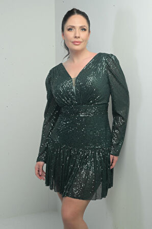 Kadın Ön Arka V Yaka Astarlı Drapeli Uzun Kollu Büyük Beden Pulpayet Elbise