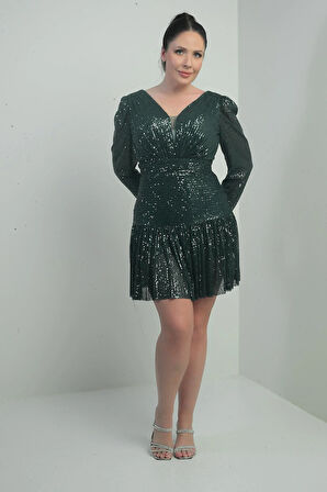 Kadın Ön Arka V Yaka Astarlı Drapeli Uzun Kollu Büyük Beden Pulpayet Elbise