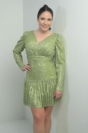 Kadın Ön Arka V Yaka Astarlı Drapeli Uzun Kollu Büyük Beden Pulpayet Elbise