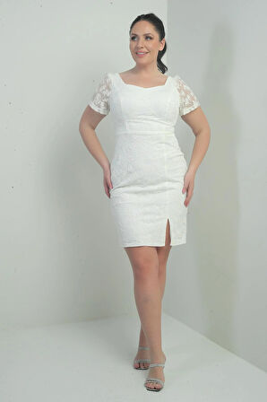 Kadın Beşgen Yaka Astarlı Önü Mini Yırtmaçlı Büyük Beden Simli Tül Elbise