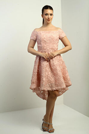 Kadın Madonna Yaka Önü Kısa Arkası Uzun Astarlı 3 Boyut Çiçekli Elbise