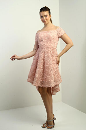 Kadın Madonna Yaka Önü Kısa Arkası Uzun Astarlı 3 Boyut Çiçekli Elbise